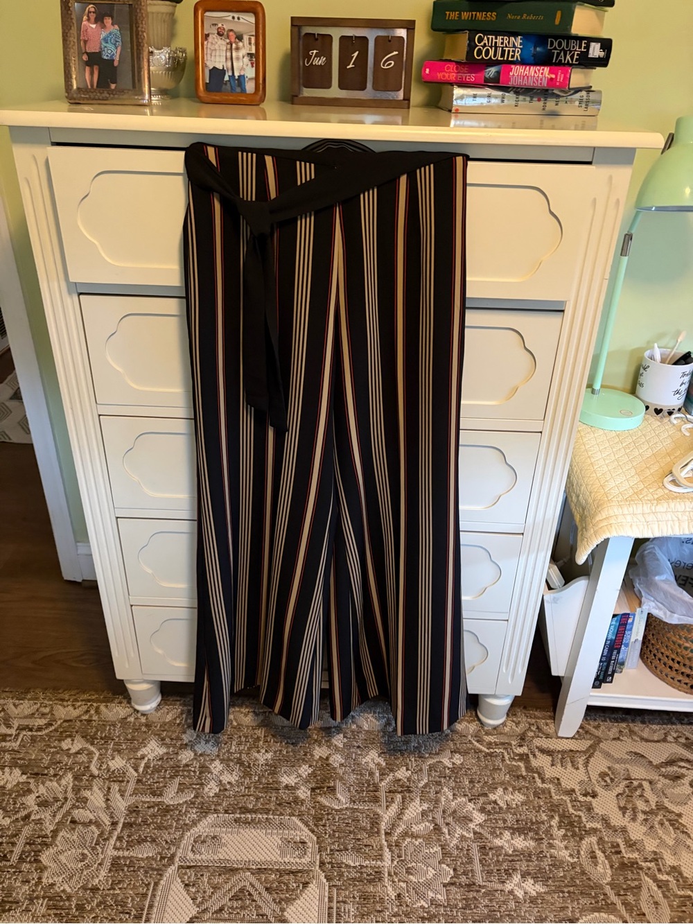 Insight Black Wide-Leg Tie-Waist Pants with Tan & Cream Stripes